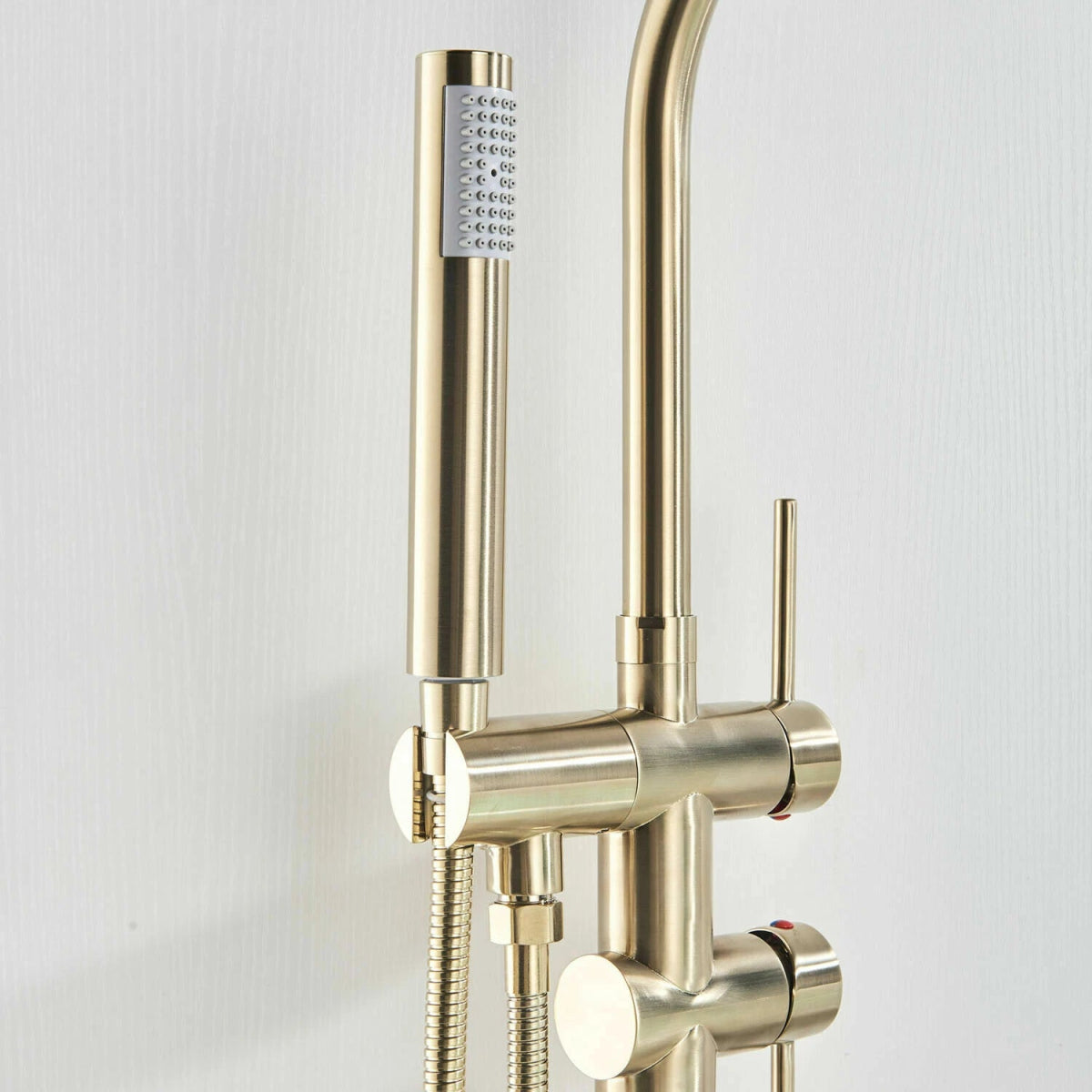 Aquari Brushed Gold Round Freestanding Bath Shower Mixer Tap with Handheld – Floor Mounted - TILES Paradise