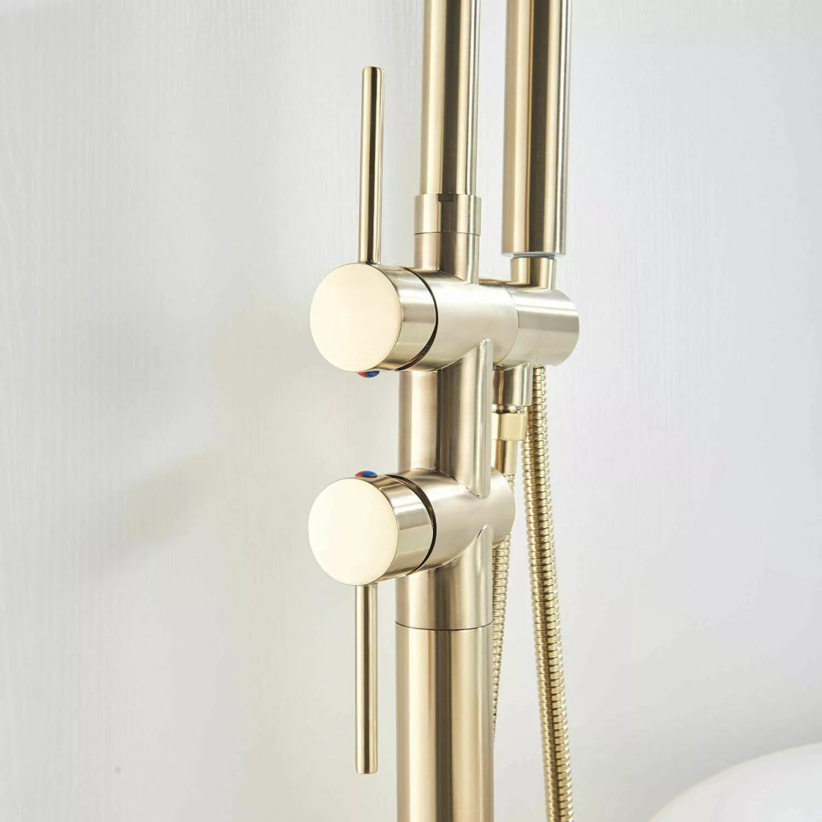 Aquari Brushed Gold Round Freestanding Bath Shower Mixer Tap with Handheld – Floor Mounted - TILES Paradise