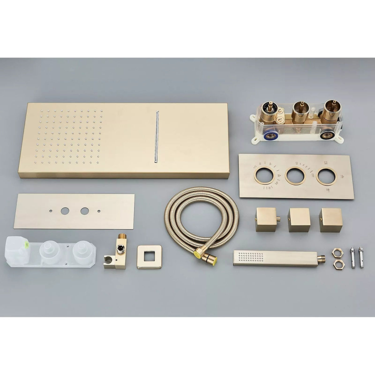 Aquari Brushed Gold Thermostatic Concealed Shower Mixer Set – 3 - Way Wall - Mounted Valve with Square Heads - TILES Paradise