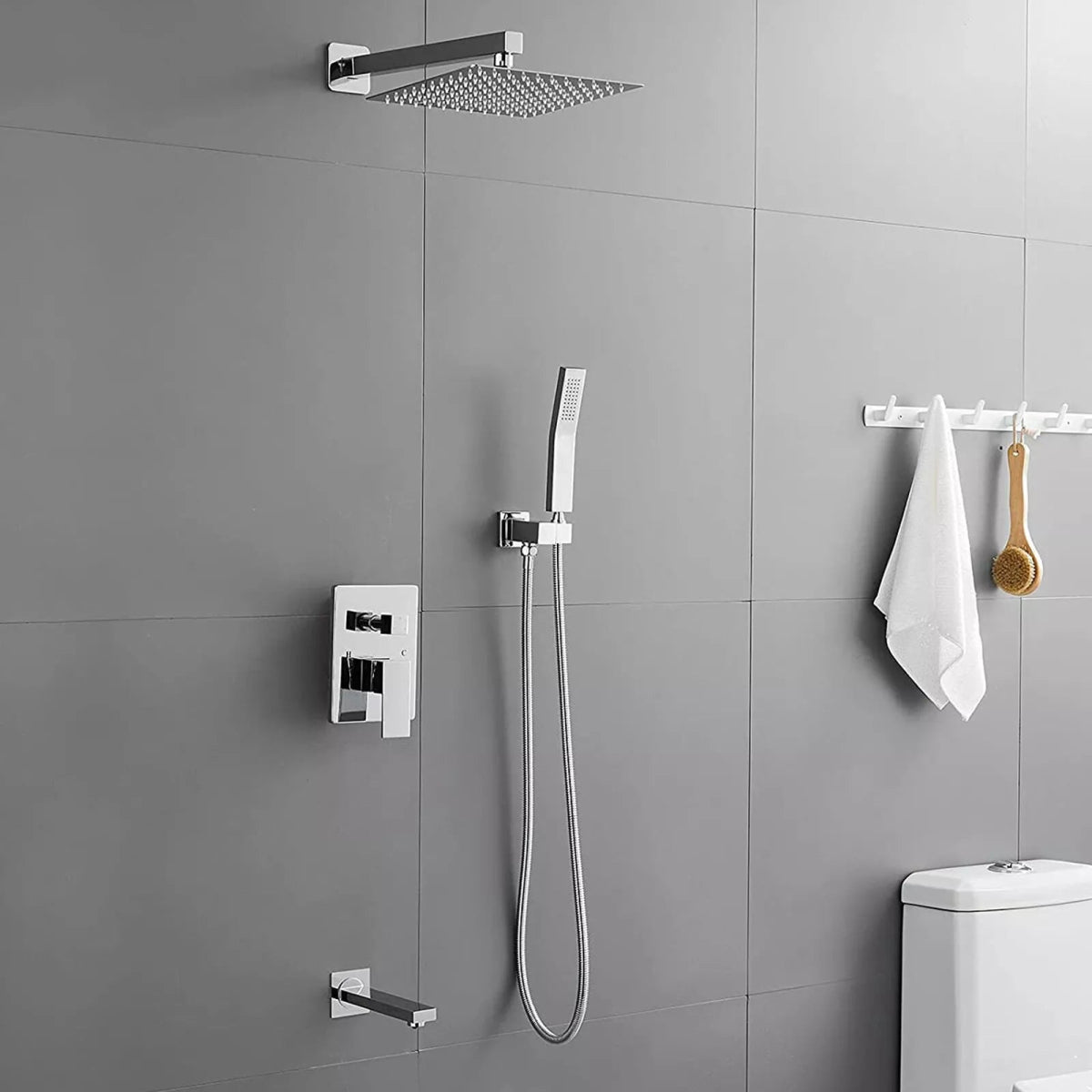 Aquari Chrome Concealed 3 - Way Shower Set with 16" Square Rainfall Head & Twin Outlet - TILES Paradise
