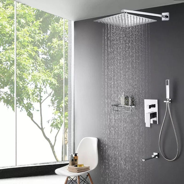 Aquari Chrome Concealed 3-Way Shower Set with 16" Square Rainfall Head & Twin Outlet