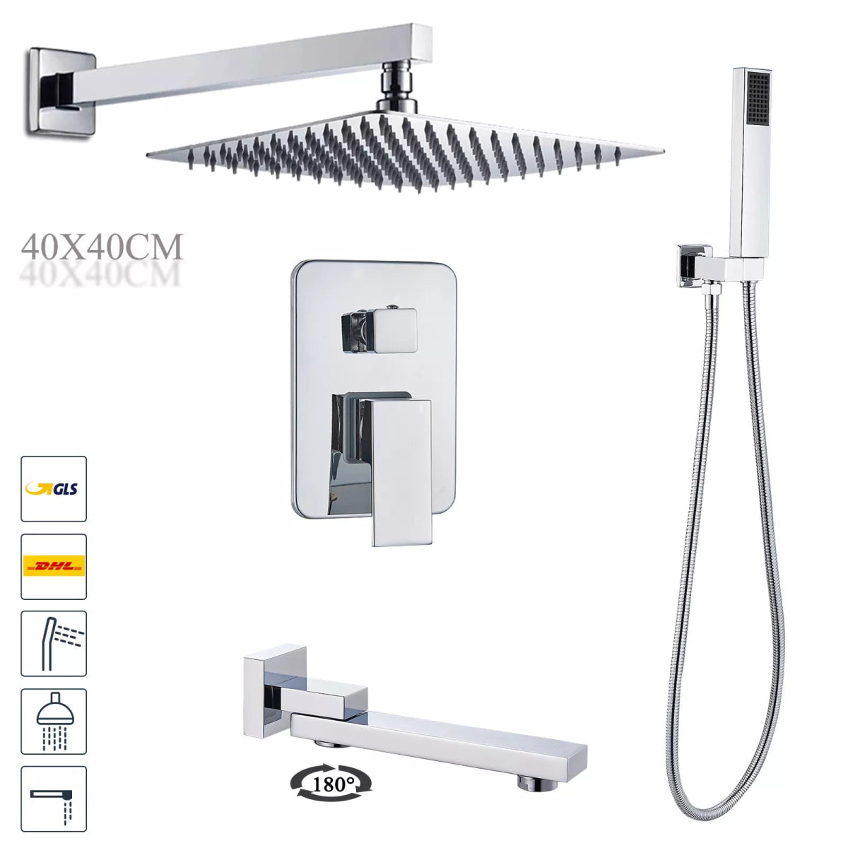 Aquari Chrome Concealed 3 - Way Shower Set with 16" Square Rainfall Head & Twin Outlet - TILES Paradise