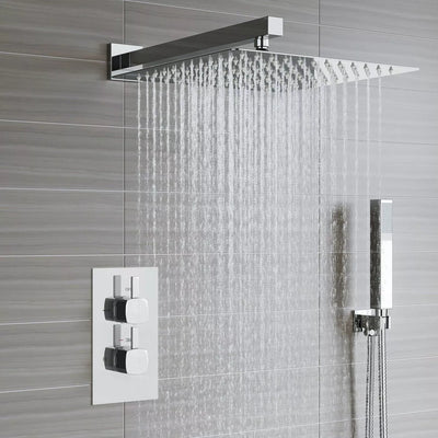 Aquari Concealed Chrome Thermostatic Shower Set – Square Rainfall Head, Handset & 2 - Way Mixer Valve - TILES Paradise