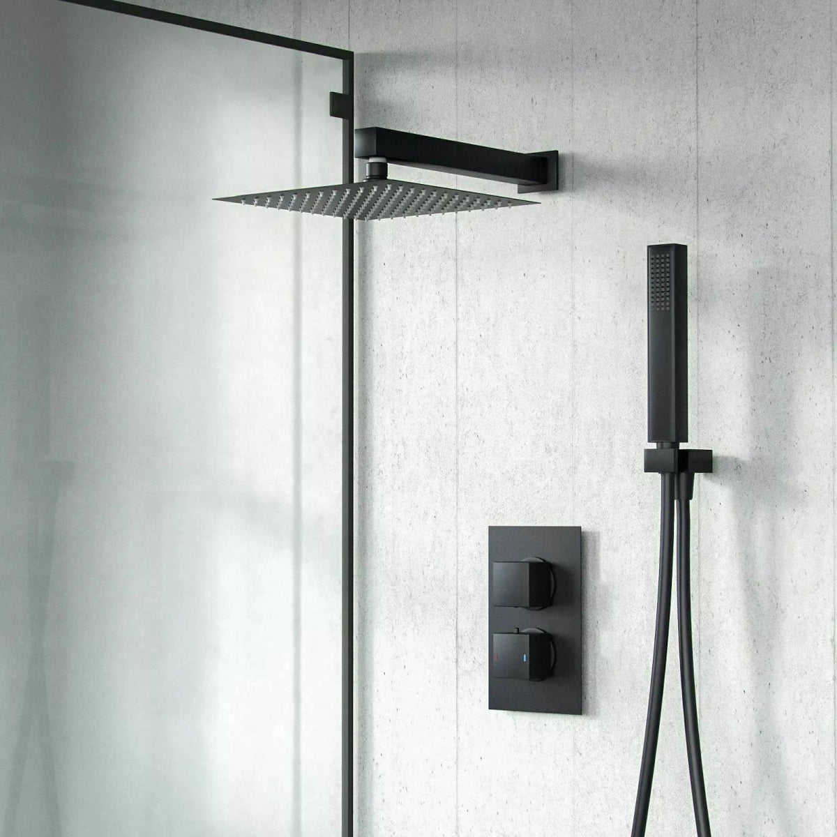 Aquari Concealed Matte Black Thermostatic Shower Set – Square Rainfall Head, Handset & 2 - Way Mixer Valve - TILES Paradise