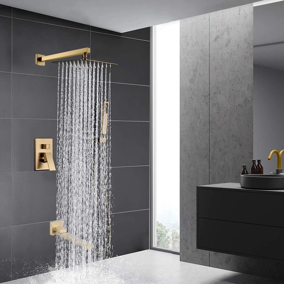 Aquari Gold Concealed Shower Set – 30cm Rainfall Head with Mixer Valve & Handheld Spray - TILES Paradise