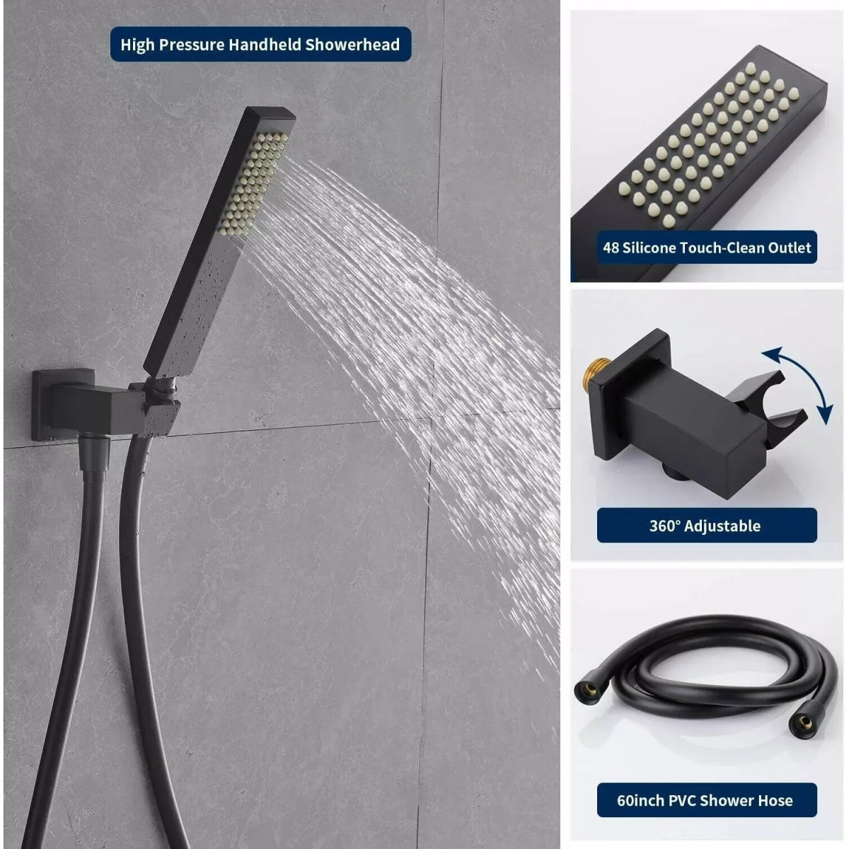 Aquari Matte Black Concealed 3 - Way Shower Set – 40cm Square Rainfall Head, Handheld & Spout - TILES Paradise