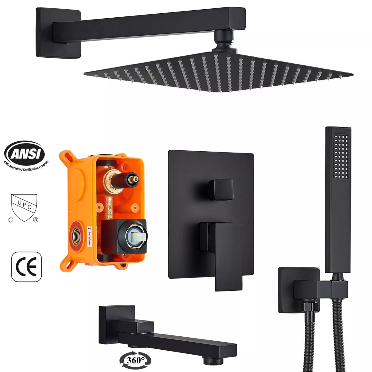Aquari Matte Black Concealed 3 - Way Shower Set – 40cm Square Rainfall Head, Handheld & Spout - TILES Paradise
