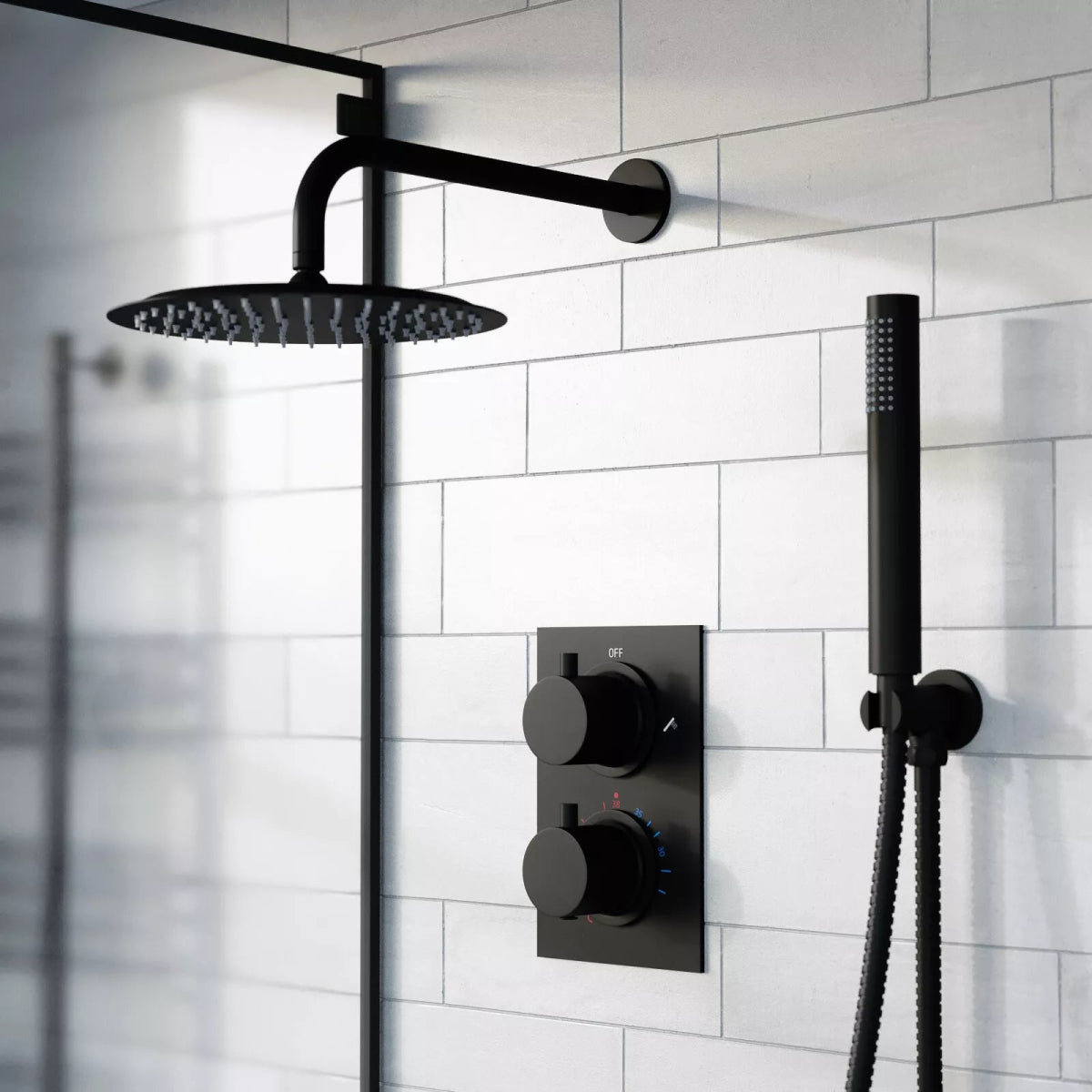 Aquari Matte Black Concealed Thermostatic Shower Set – Round 250mm Head, Handset & 2 - Way Dual Dial Mixer Valve - TILES Paradise