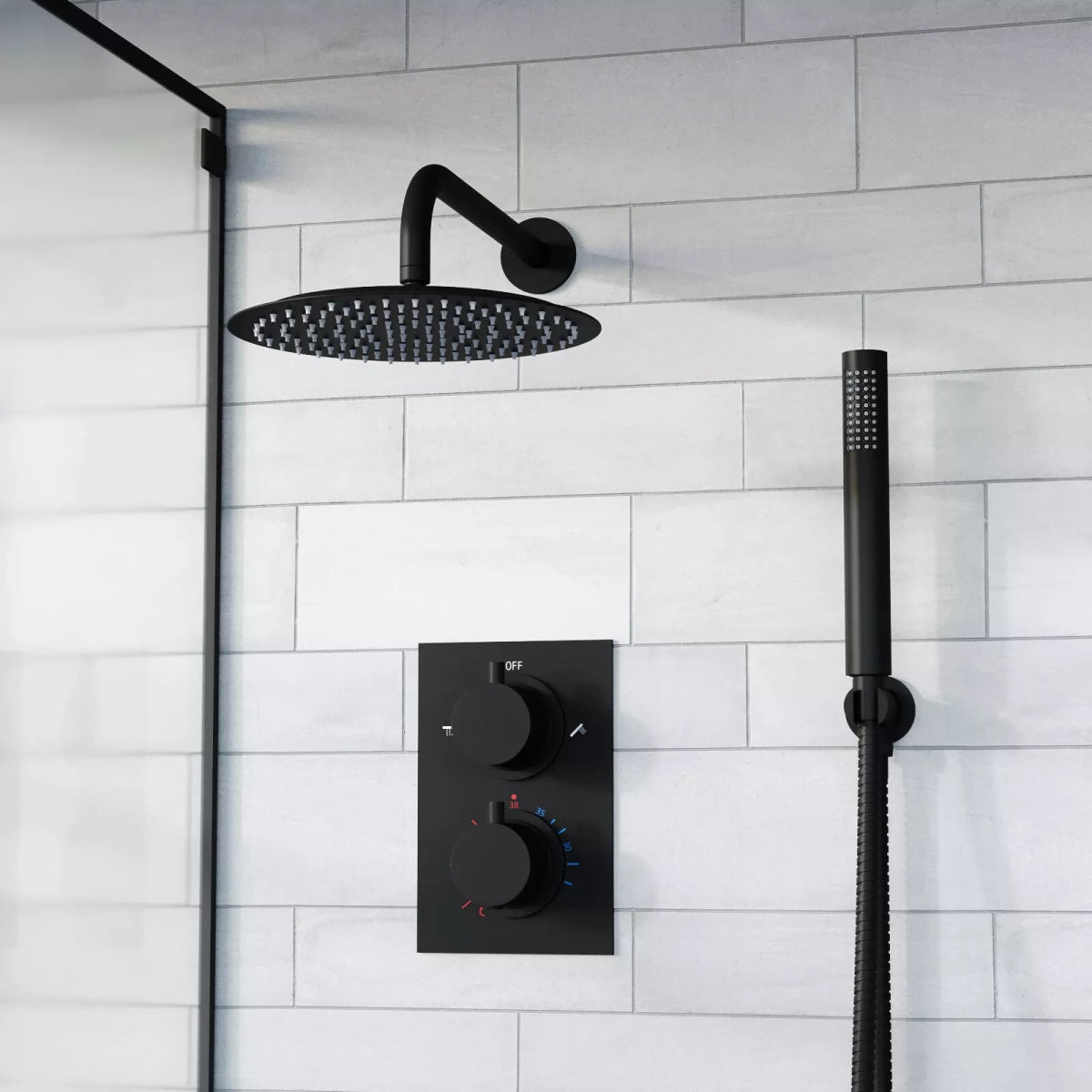 Aquari Matte Black Concealed Thermostatic Shower Set – Round 250mm Head, Handset & 2 - Way Dual Dial Mixer Valve - TILES Paradise