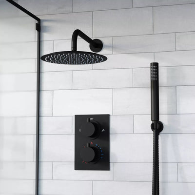 Aquari Matte Black Concealed Thermostatic Shower Set – Round 250mm Head, Handset & 2 - Way Dual Dial Mixer Valve - TILES Paradise