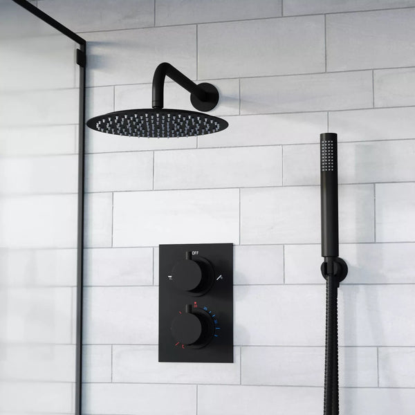Aquari Matte Black Concealed Thermostatic Shower Set – Round 250mm Head, Handset & 2-Way Dual Dial Mixer Valve