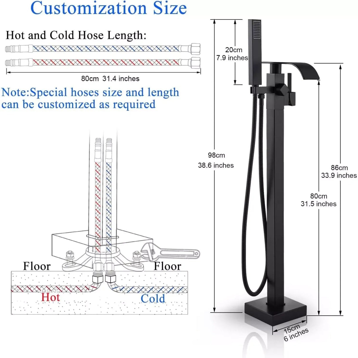 Aquari Matte Black Square Freestanding Bath Mixer Tap with Waterfall Spout & Shower Handset - TILES Paradise