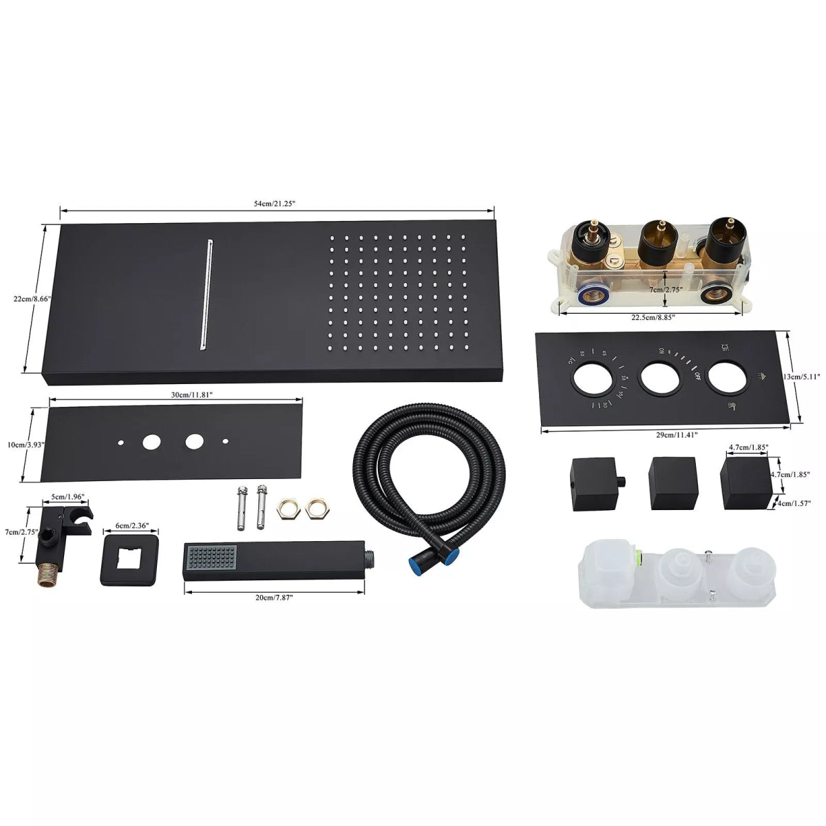 Aquari Matte Black Thermostatic Concealed Shower Set with 22x54cm Rainfall Head & Handheld Spray - TILES Paradise