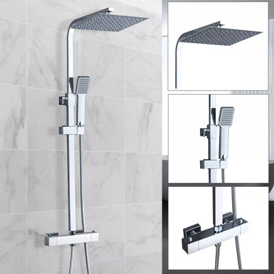 Aquari Premium Chrome Thermostatic Shower Set – Square Twin Head with Adjustable Rail - TILES Paradise
