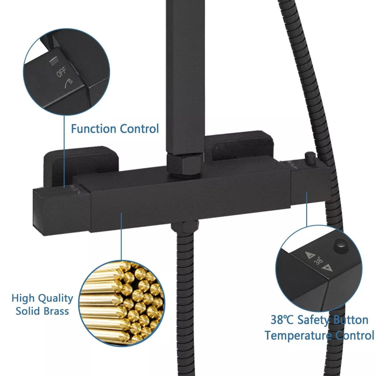 Aquari Premium Matt Black Thermostatic Shower Set – Square Twin 200mm Head with Adjustable Rail - TILES Paradise