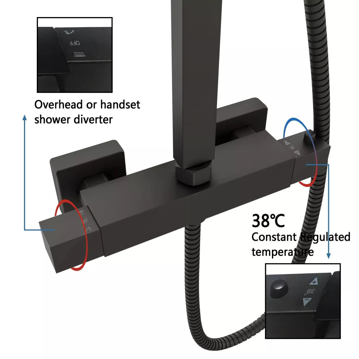 Aquari Premium Matt Black Thermostatic Shower Set – Square Twin 200mm Head with Adjustable Rail - TILES Paradise