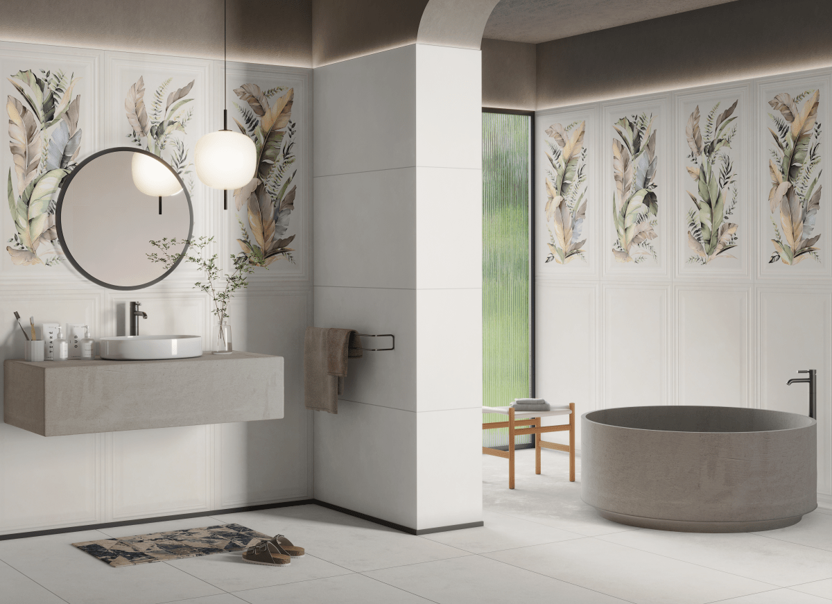 Arctic White Botanical Leaf Décor Matt Full Body Porcelain 60x120cm Wall & Floor Tile - TILES Paradise