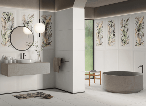 Arctic White Botanical Leaf Décor Matt Full Body Porcelain 60x120cm Wall & Floor Tile