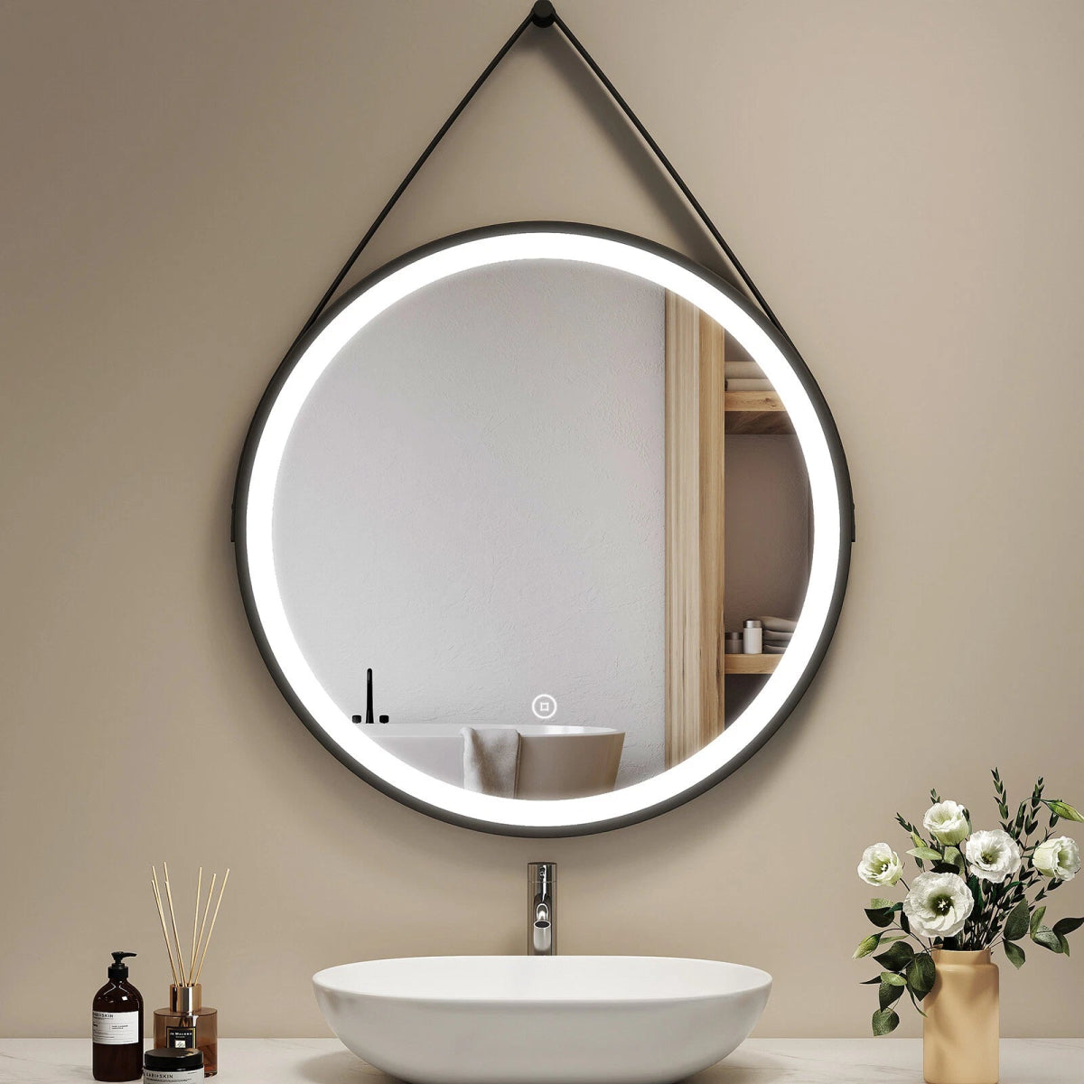 Arctiq 800mm Round LED Mirror – Demister, Cool White Light, Dimmable, Touch Sensor, Black Frame with Hanging Strap - TILES Paradise