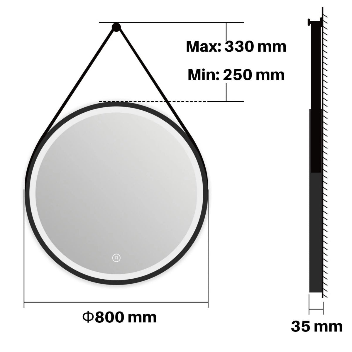 Arctiq 800mm Round LED Mirror – Demister, Cool White Light, Dimmable, Touch Sensor, Black Frame with Hanging Strap - TILES Paradise
