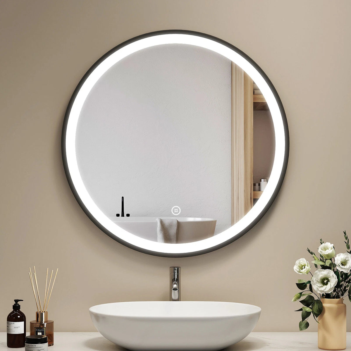 Arctiq 800mm Round LED Mirror – Demister, Cool White Light, Dimmable, Touch Sensor, Black Frame with Hanging Strap - TILES Paradise