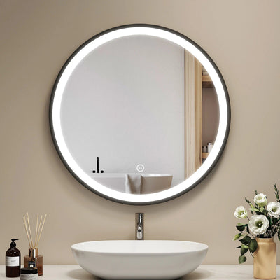 Arctiq 800mm Round LED Mirror – Demister, Cool White Light, Dimmable, Touch Sensor, Black Frame with Hanging Strap - TILES Paradise