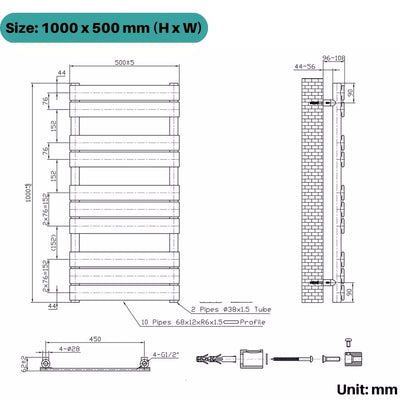 Arvani 1000x500mm White Heated Towel Rail – Flat Panel, Gloss Finish - TILES Paradise