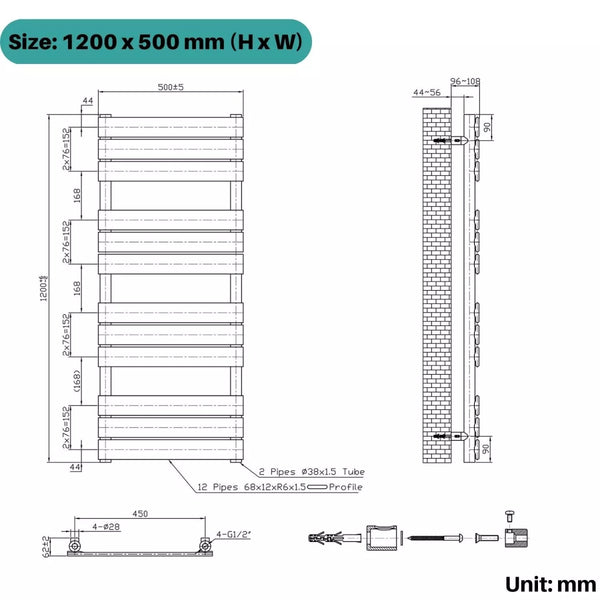Arvani 1200x500mm Black Heated Towel Rail – Flat Panel, Vertical Mount, Matt Finish