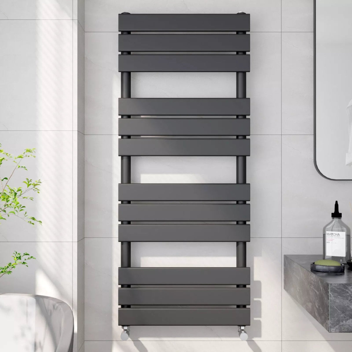 Arvani 1200x500mm Black Heated Towel Rail – Flat Panel, Vertical Mount, Matt Finish - TILES Paradise