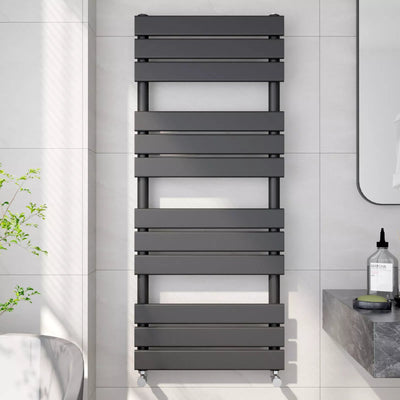 Arvani 1200x500mm Black Heated Towel Rail – Flat Panel, Vertical Mount, Matt Finish - TILES Paradise