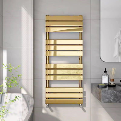 Arvani 1200x500mm Gold Heated Towel Rail – Flat Panel, Vertical Mount, Brushed Finish - TILES Paradise