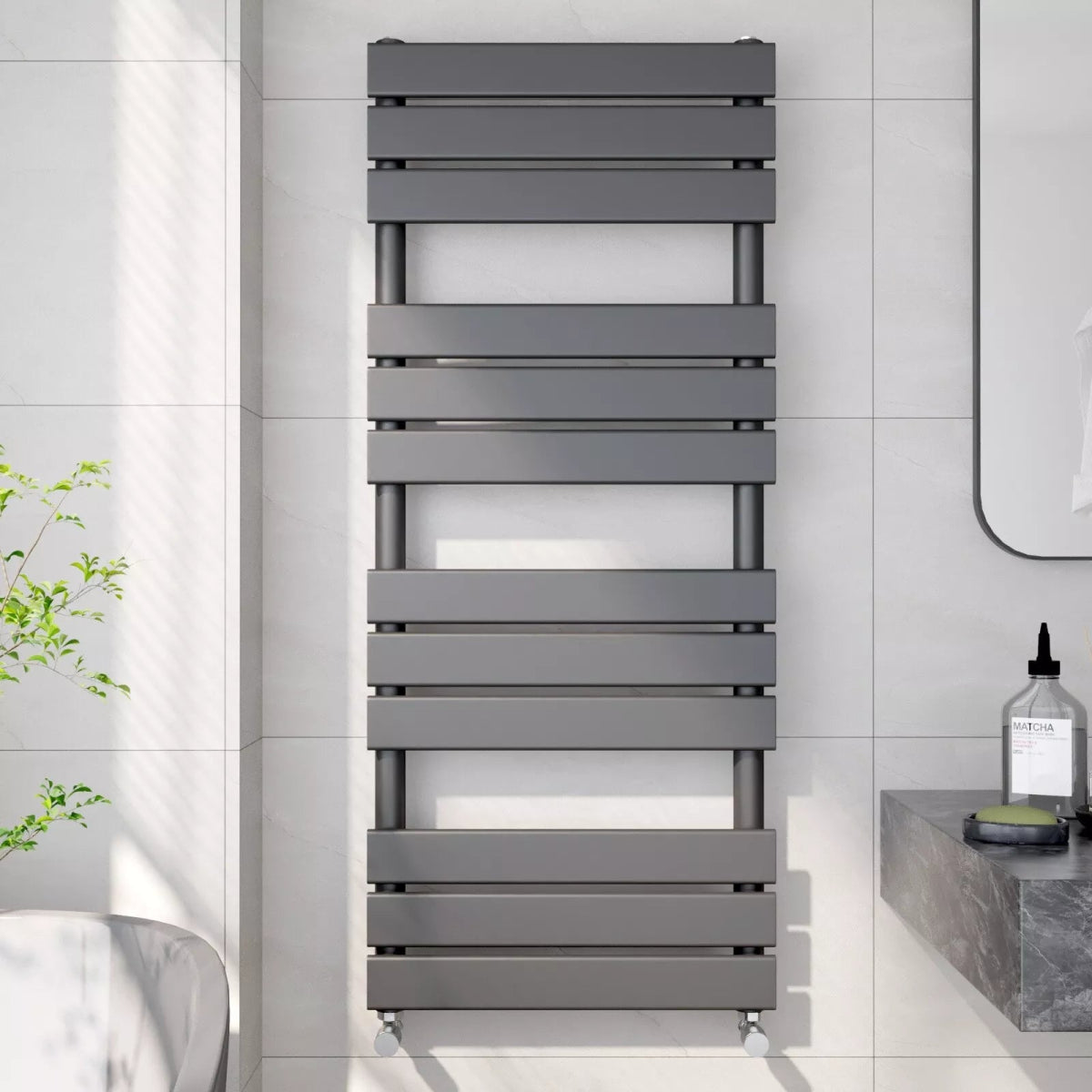 Arvani 1200x600mm Anthracite Heated Towel Rail – Oversized Flat Panel Radiator, Vertical Wall Mount - TILES Paradise