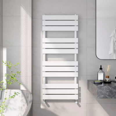 Arvani 1200x600mm White Heated Towel Rail – Flat Panel, Vertical Mount, Gloss Finish - TILES Paradise
