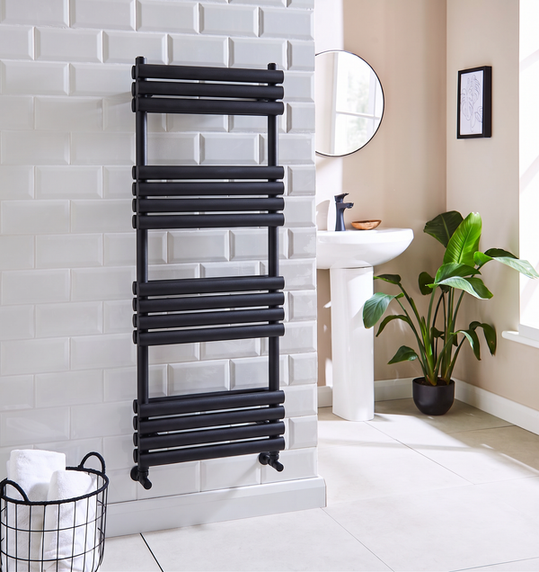 Asola Matt Black Double Oval Tube Heated Towel Rail – 1200x500mm