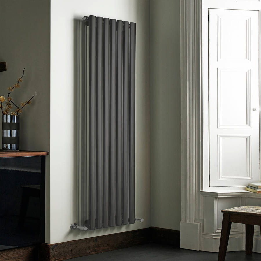 Asola Textured Grey Vertical Oval Tube Designer Radiator – Single Panel – 1800x300mm