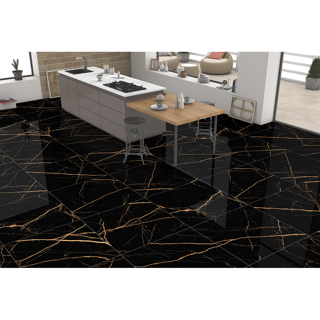 Epitome Black & Gold High Gloss Porcelain 60x60cm Kitchen Bathroom Wall & Floor Tile