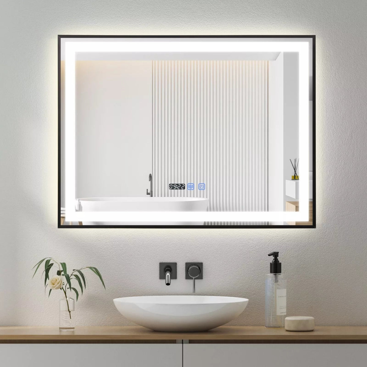 Auralux 800x600mm LED Mirror – Black Frame, Tri - Colour Light, Demister, Dimmable, Time Display, Touch Sensor, IP44 Rated - TILES Paradise