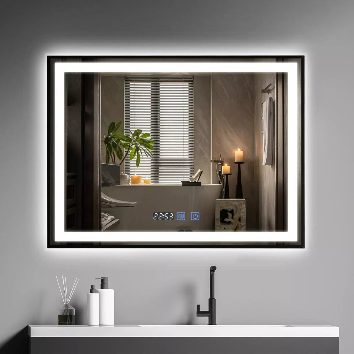 Auralux 800x600mm LED Mirror – Black Frame, Tri - Colour Light, Demister, Dimmable, Time Display, Touch Sensor, IP44 Rated - TILES Paradise