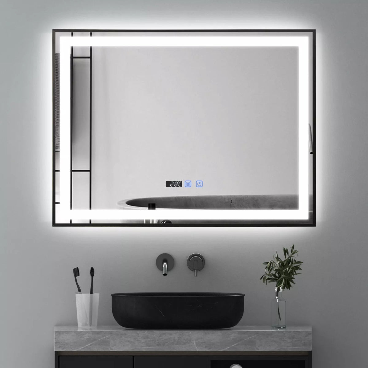 Auralux 800x600mm LED Mirror – Black Frame, Tri - Colour Light, Demister, Dimmable, Time Display, Touch Sensor, IP44 Rated - TILES Paradise
