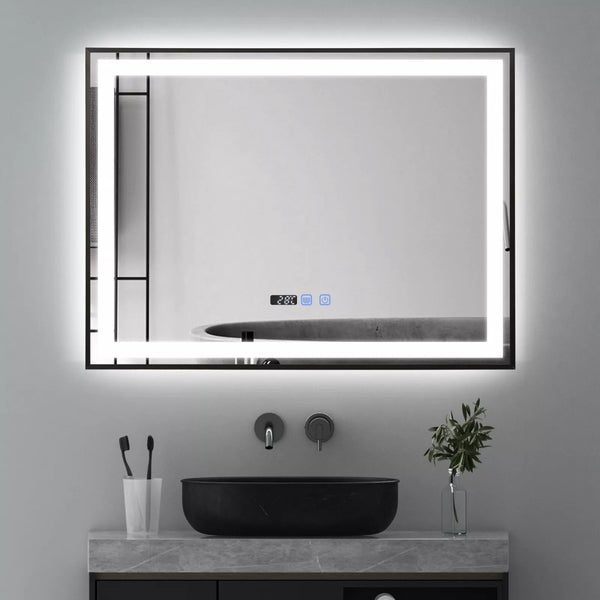 Auralux 800x600mm LED Mirror – Black Frame, Tri-Colour Light, Demister, Dimmable, Time Display, Touch Sensor, IP44 Rated