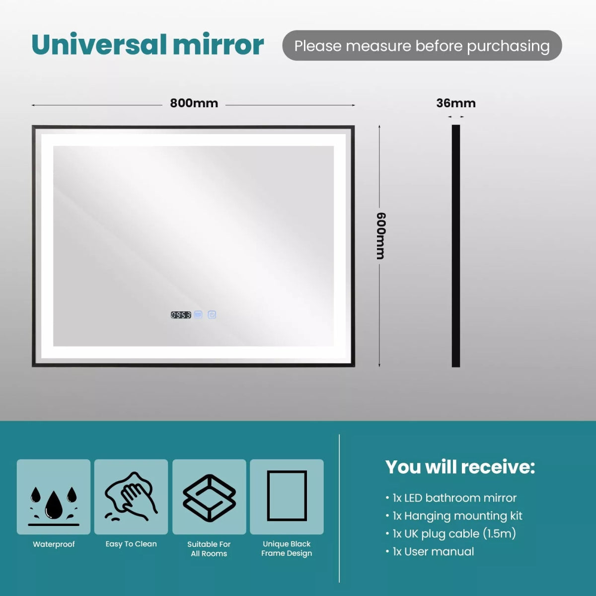 Auralux 800x600mm LED Mirror – Black Frame, Tri - Colour Light, Demister, Dimmable, Time Display, Touch Sensor, IP44 Rated - TILES Paradise