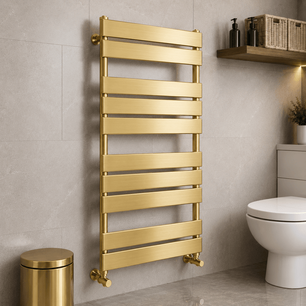 Azzano 1200x500mm Brushed Gold Heated Towel Rail – 12 Bar Designer Ladder Radiator