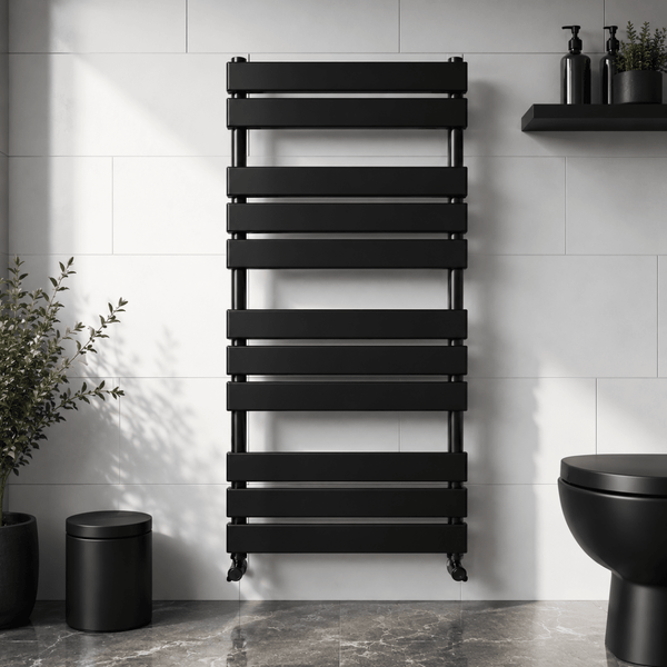Azzano 1200x500mm Matt Black Heated Towel Rail – 12 Bar Designer Ladder Radiator