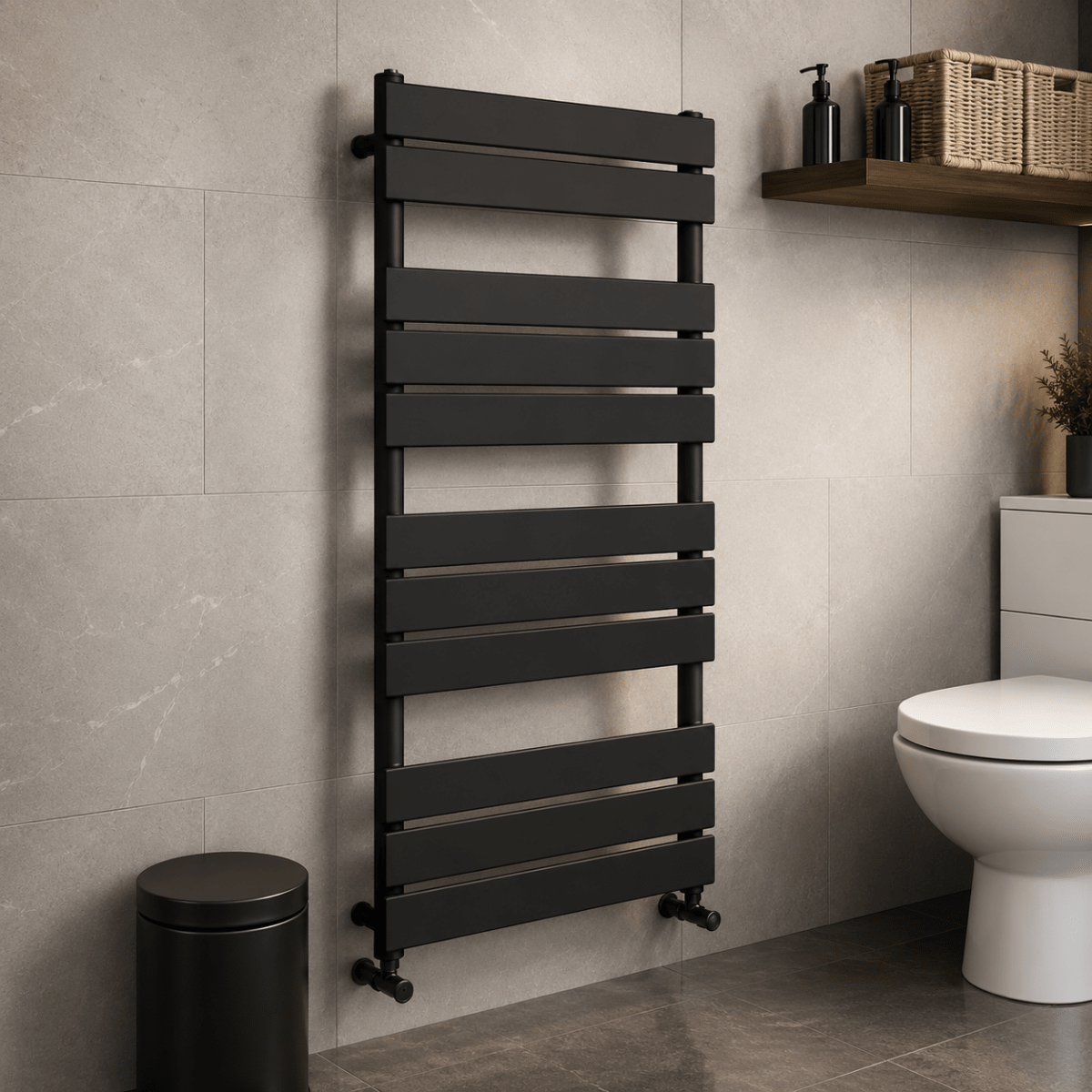 Azzano 1200x500mm Matt Black Heated Towel Rail – 12 Bar Designer Ladder Radiator - TILES Paradise
