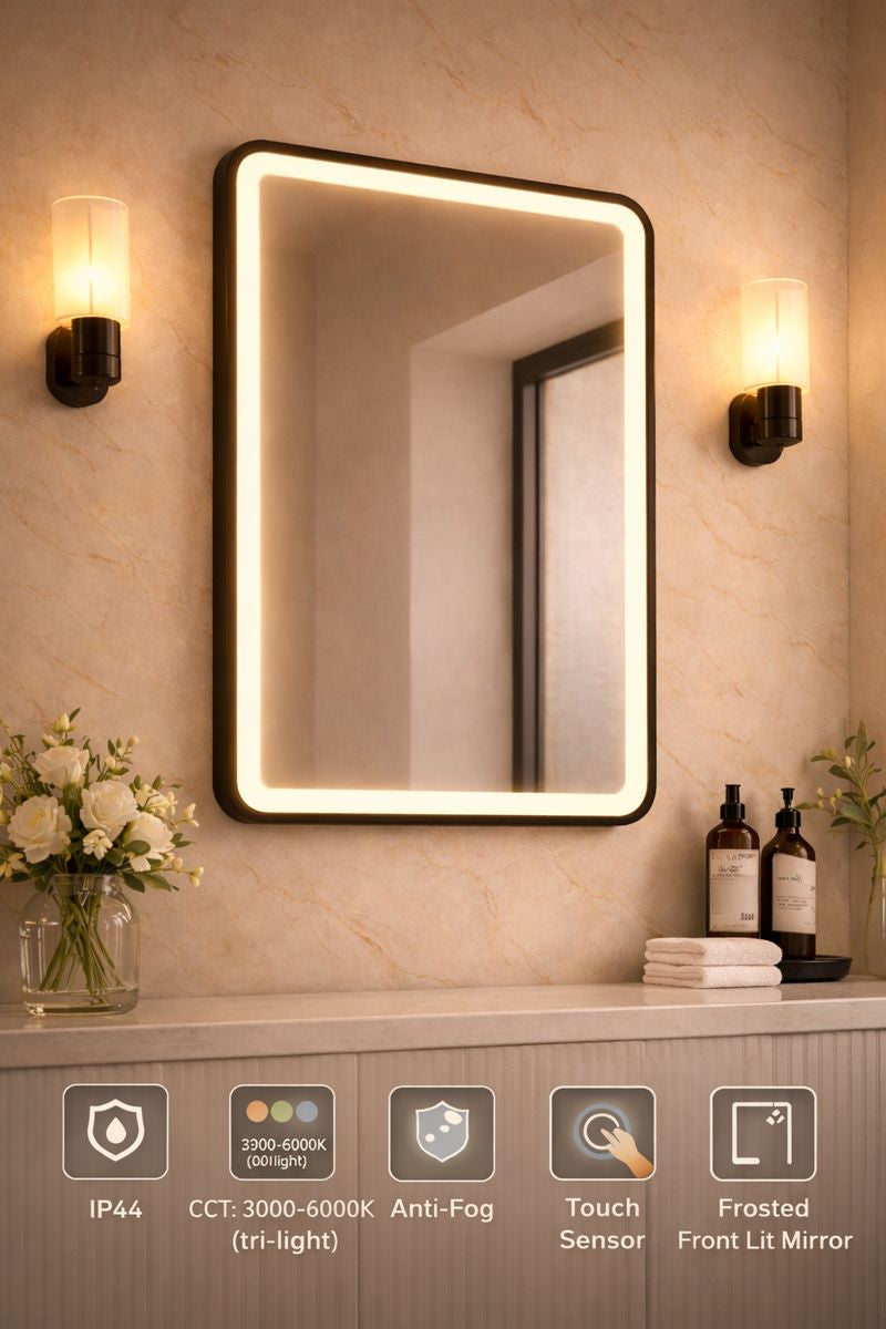 Lumora 700x500mm LED Bathroom Mirror Matt Black Tri-Light Touch Demister IP44