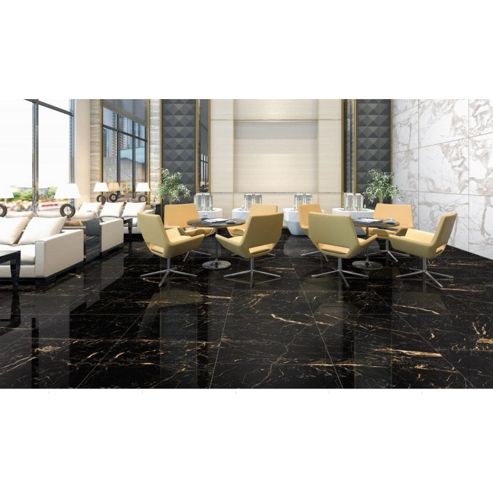 Job Lot Deal: 70 Tiles (25 sq.m) Black & Gold Marble Effect Porcelain Polished 60x60cm Wall & Floor Tile