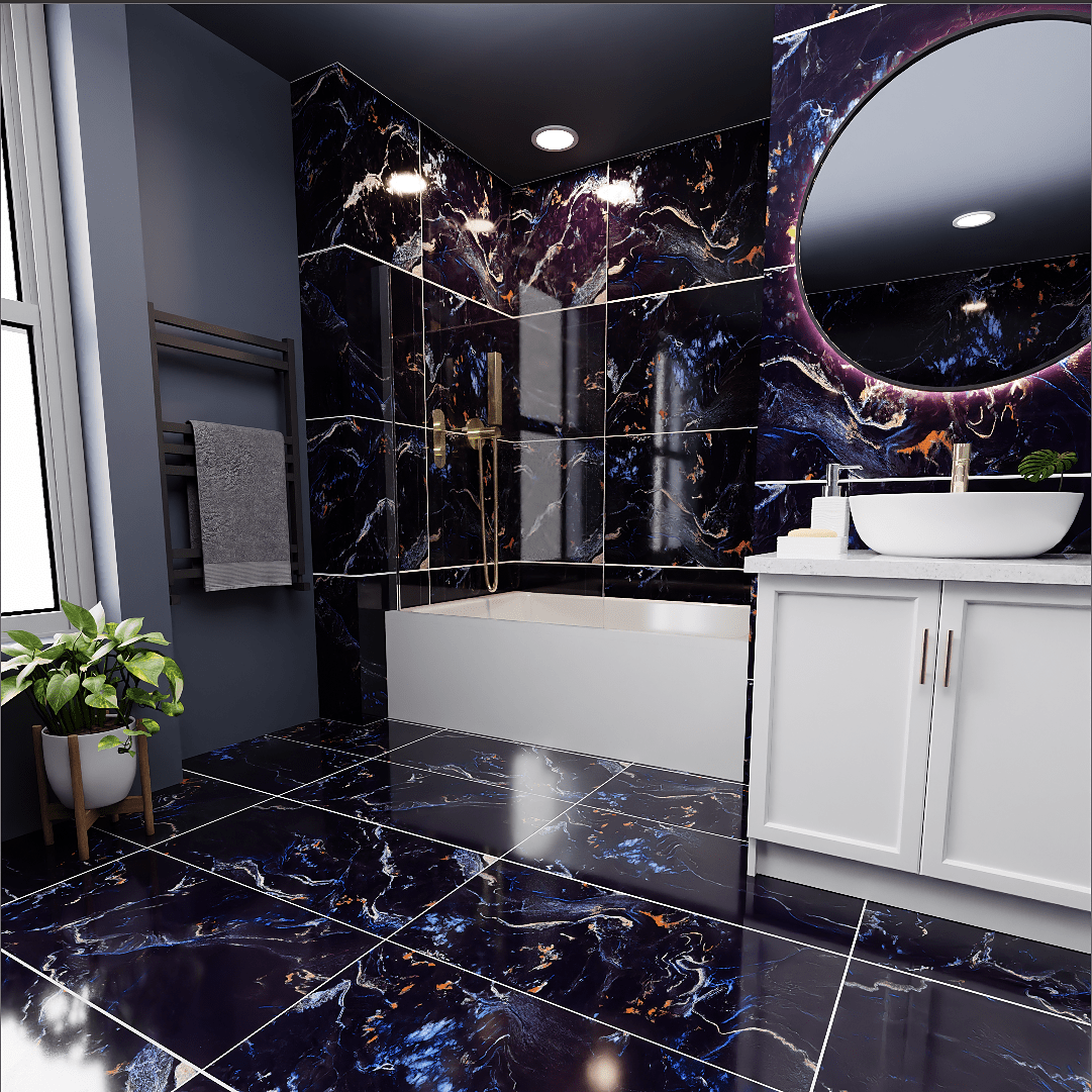 Blue Milkyway Marble Effect Polished Porcelain Tile 60x120cm - TILES Paradise