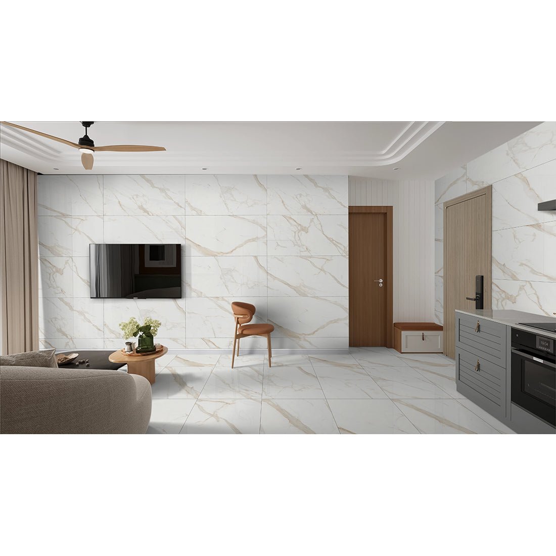 Calacatta Cremino Ivory Marble Effect Polished Porcelain Wall & Floor Tile 60x120cm - TILES Paradise