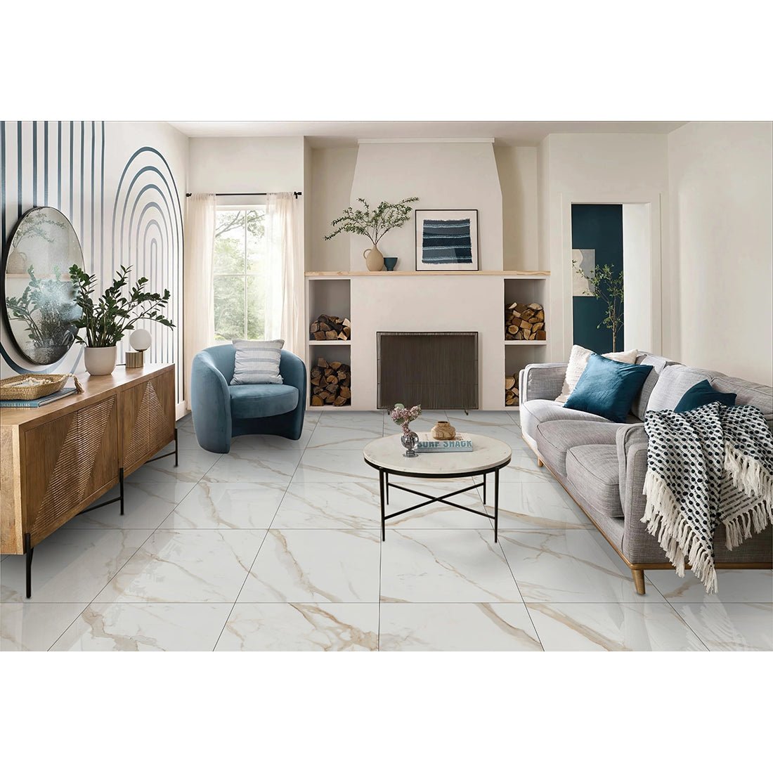 Calacatta Cremino Ivory Marble Effect Polished Porcelain Wall & Floor Tile 60x60cm - TILES Paradise