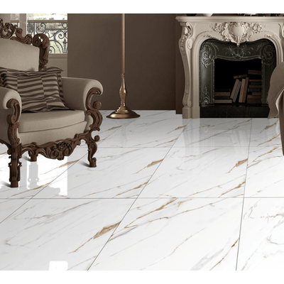 Calcatta Brown & White Gloss Porcelain 60x120cm Kitchen Bathroom Wall Floor Tiles - TILES Paradise